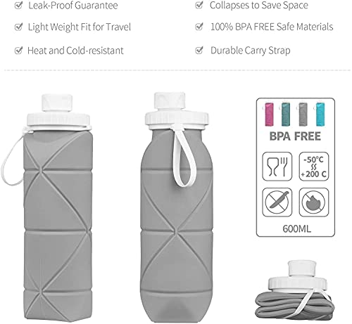 Collapsible Leakproof Reusable Silicone Water Bottle 20oz Grey