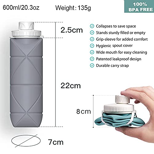 Collapsible Leakproof Reusable Silicone Water Bottle 20oz Grey