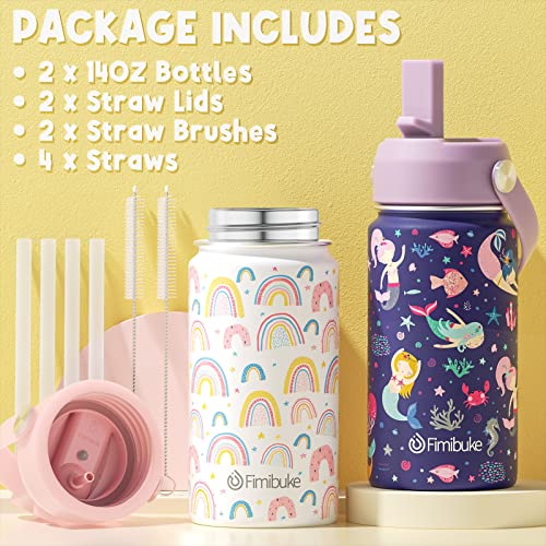 Fimibuke Insulated Water Bottle - Kids 14oz - Rainbow + Mermaid (2 Pack)