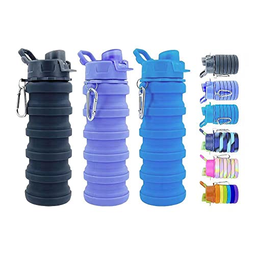 Konlongzan Collapsible Water Bottles 3-Pack Silicone Carabiner+BPA Free