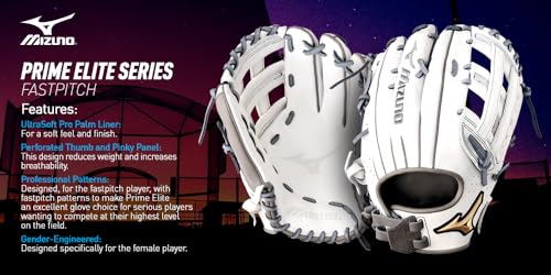 Mizuno Prime Elite Pitcher/Outfield Fastpitch Softball Glove 12.5" | Fastpitch FIELDERS MITT | RH White-Grey