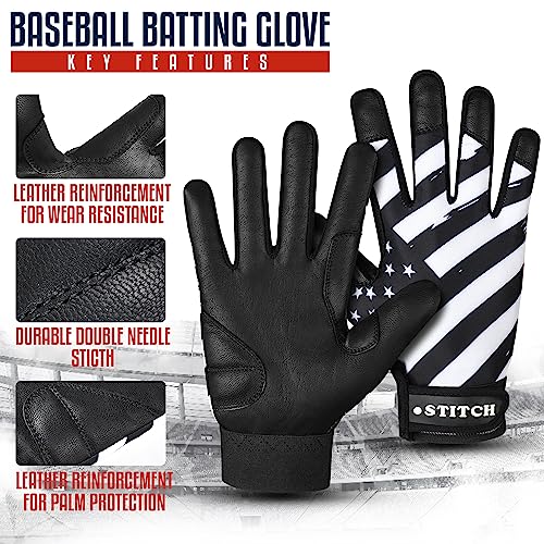 Black Waving Flag Dot Stitch Batting Gloves (Adult Small)