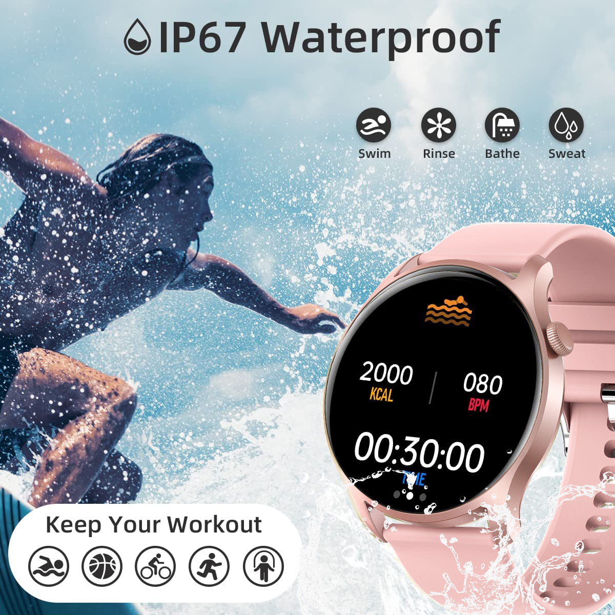KC08 Fitness Sleep Tracker Smartwatch IP67 Waterproof