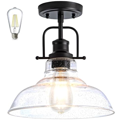 Black Metal Framed Seeded Glass Farmhouse Ceiling Light