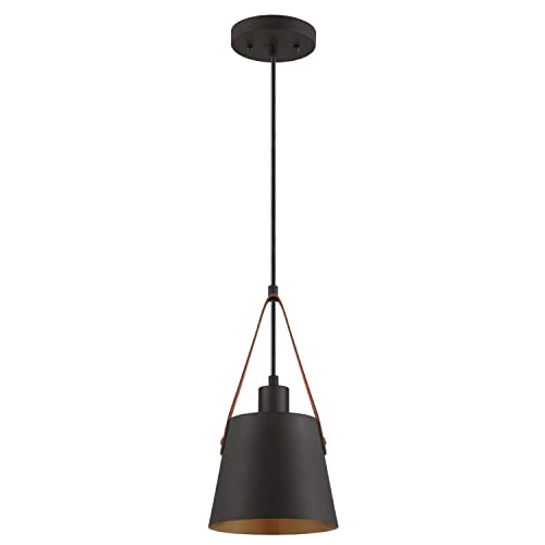 Contemporary Mini Pendant with Leather Strap, Black-Bronze Finish