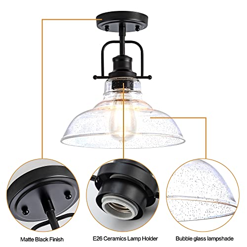Black Metal Framed Seeded Glass Farmhouse Ceiling Light