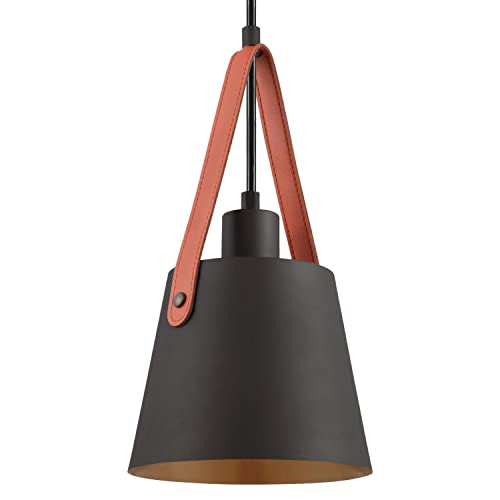 Contemporary Mini Pendant with Leather Strap, Black-Bronze Finish