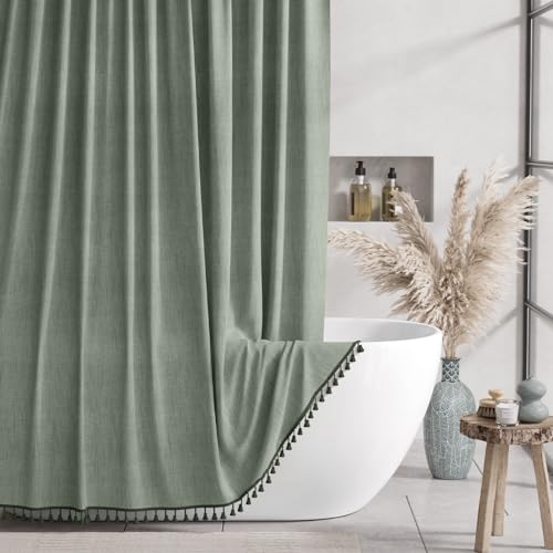 Farmhouse Sage Green Linen Shower Curtain with Tassels