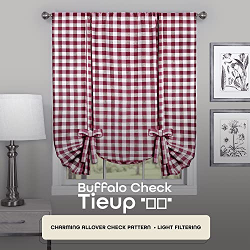Burgundy & Ivory Plaid Tieup Window Curtain - Farmhouse Homesteading