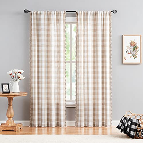Buffalo Check Farmhouse Curtains 84inch Pom Pom Drapes