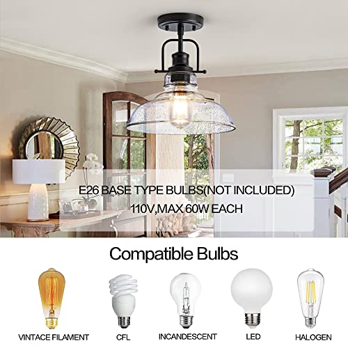 Black Metal Framed Seeded Glass Farmhouse Ceiling Light