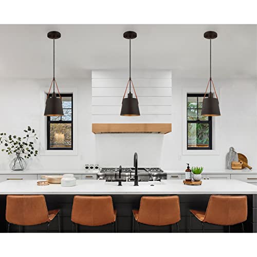 Contemporary Mini Pendant with Leather Strap, Black-Bronze Finish