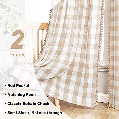 Buffalo Check Farmhouse Curtains 84inch Pom Pom Drapes