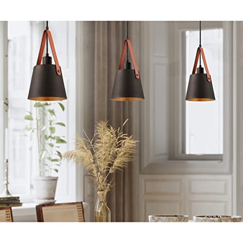 Contemporary Mini Pendant with Leather Strap, Black-Bronze Finish