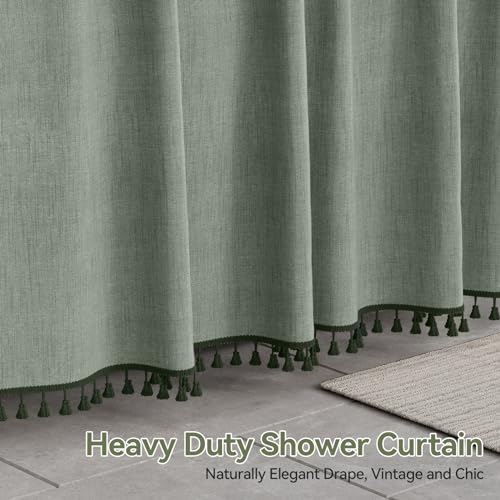 Farmhouse Sage Green Linen Shower Curtain with Tassels