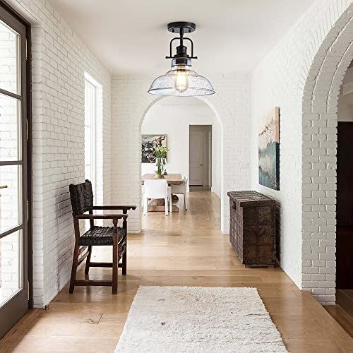 Black Metal Framed Seeded Glass Farmhouse Ceiling Light