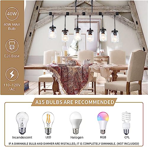 Retro Farmhouse Mason Jar Chandelier: 6-Light Black Pendant