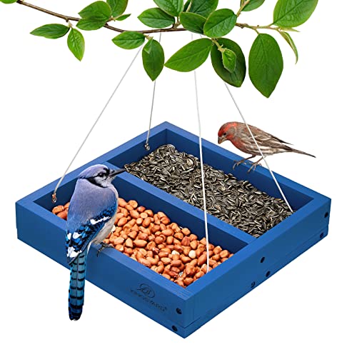 Blue Hanging Tray Bird Feeder with Mesh Platform