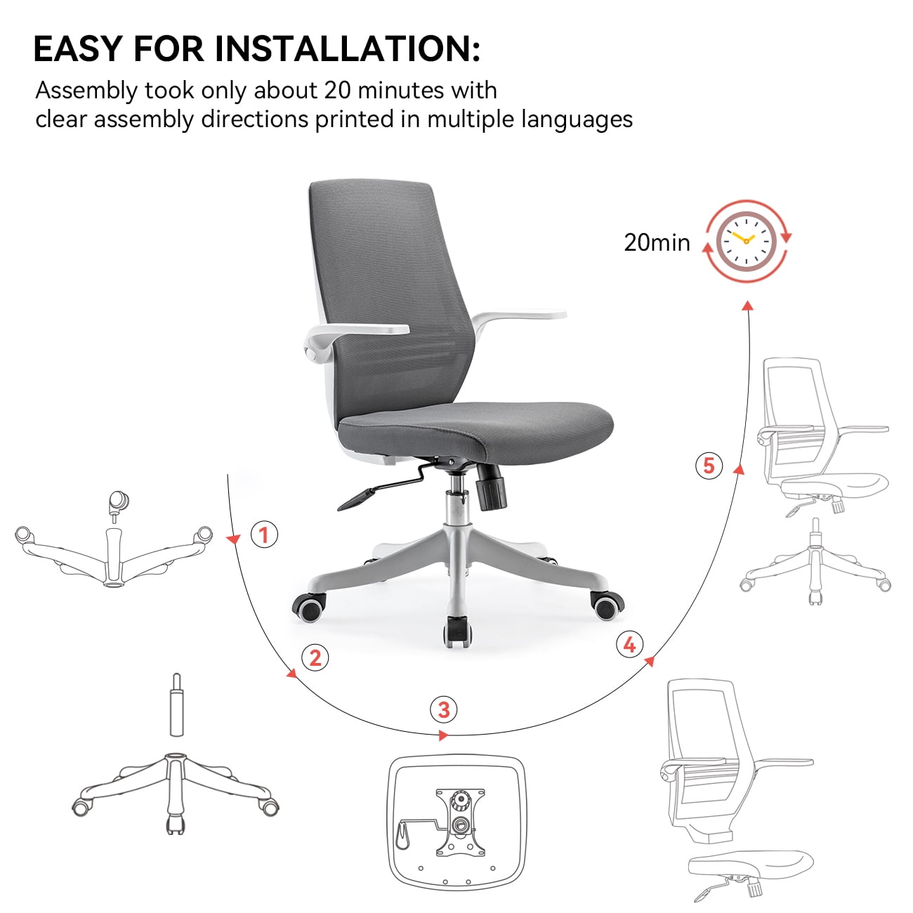 SIHOO Mid-Back Ergonomic Office Chair - Gray
