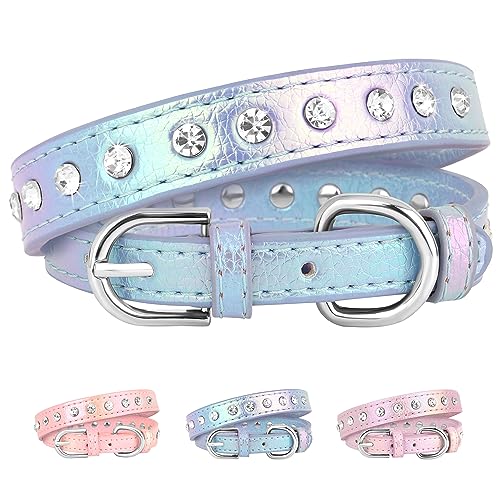 Bling Rhinestone Dog Collar: Sparkling PU Leather - Blue (S)