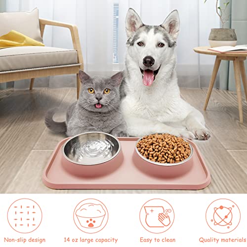 Pink Poodle Dog Food Bowls with Non-Spill Mat