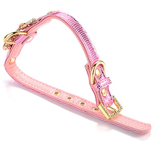 Gold Diamond Leather Collar with Tag Ring (Pink)