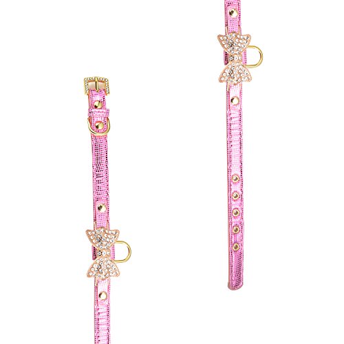 Gold Diamond Leather Collar with Tag Ring (Pink)