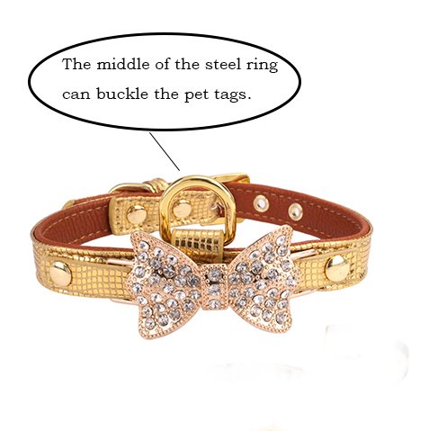 Gold Diamond Leather Collar with Tag Ring (Pink)