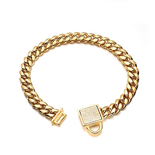 10mm Gold Cuban Link Poodle Chain Collar with CZ Diamond Lock