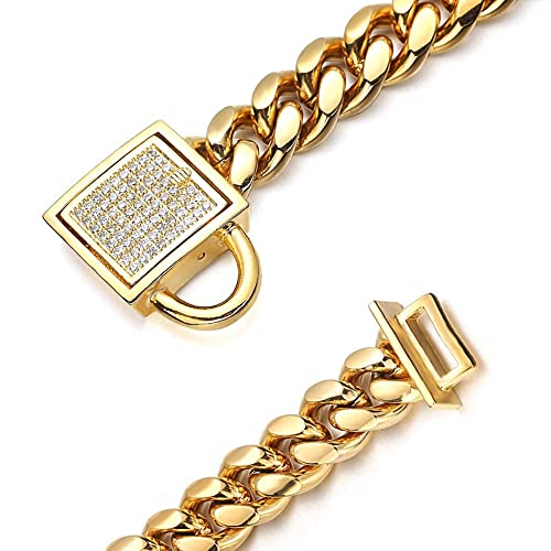 10mm Gold Cuban Link Poodle Chain Collar with CZ Diamond Lock