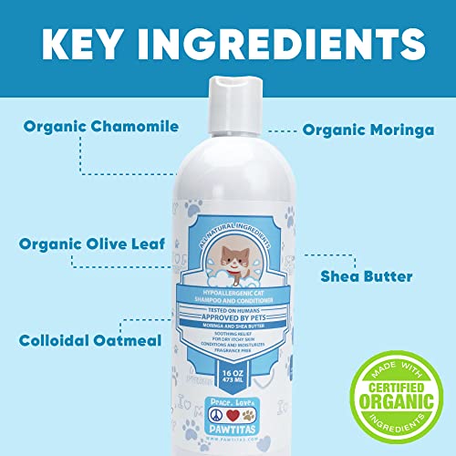Pawtitas Dog and Cat Shampoo and Conditioner Pet Care Plant Based Made with Certified Organic Natural Herbs, Calming Essential Oil, Oatmeal, Puppy Or Kitten Shampoo Deodorant Fragrance Free 16 oz