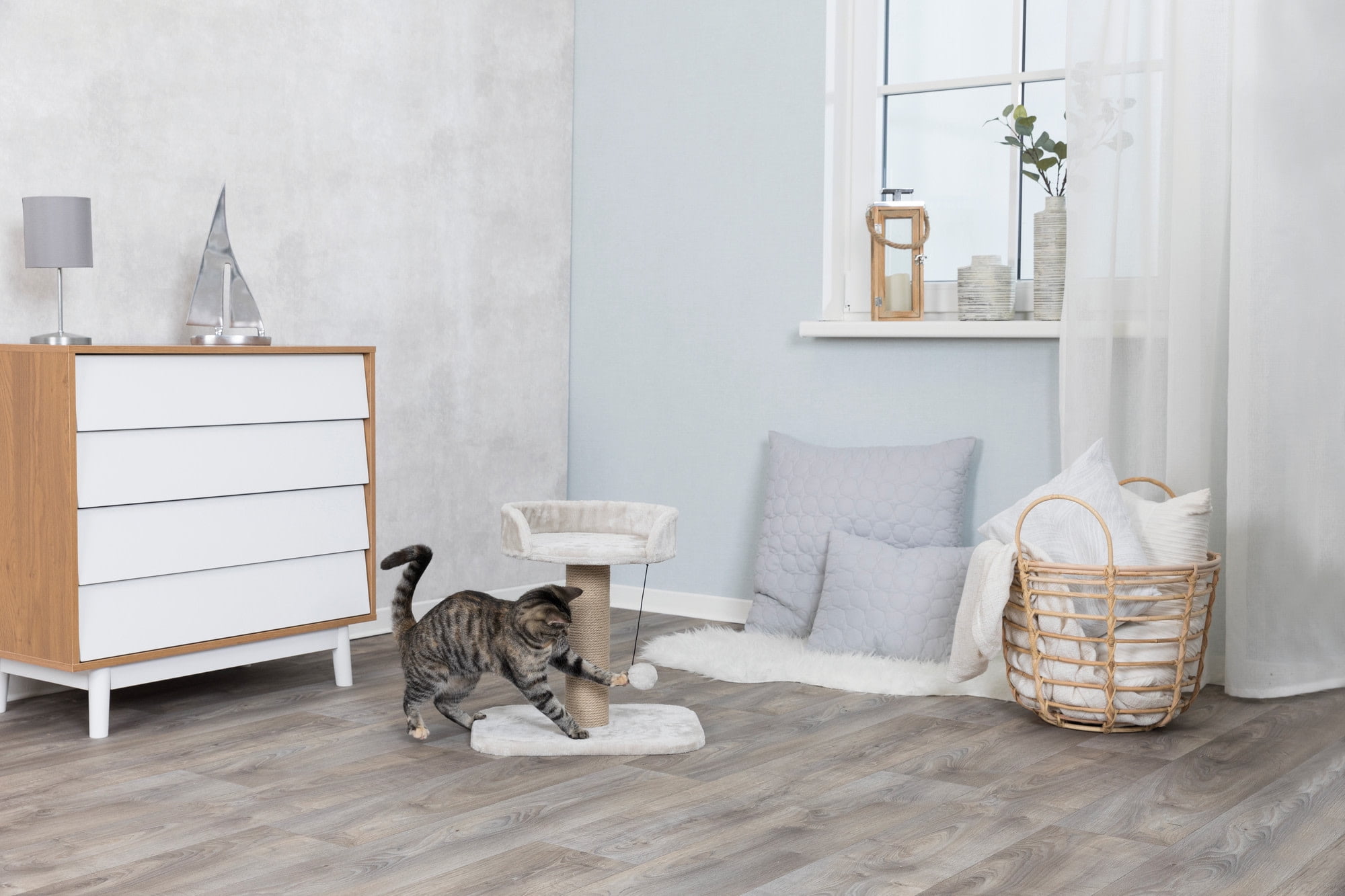 TRIXIE Mica Sisal 18" Cat Scratching Post with Plush Platform, Light Gray-Greige