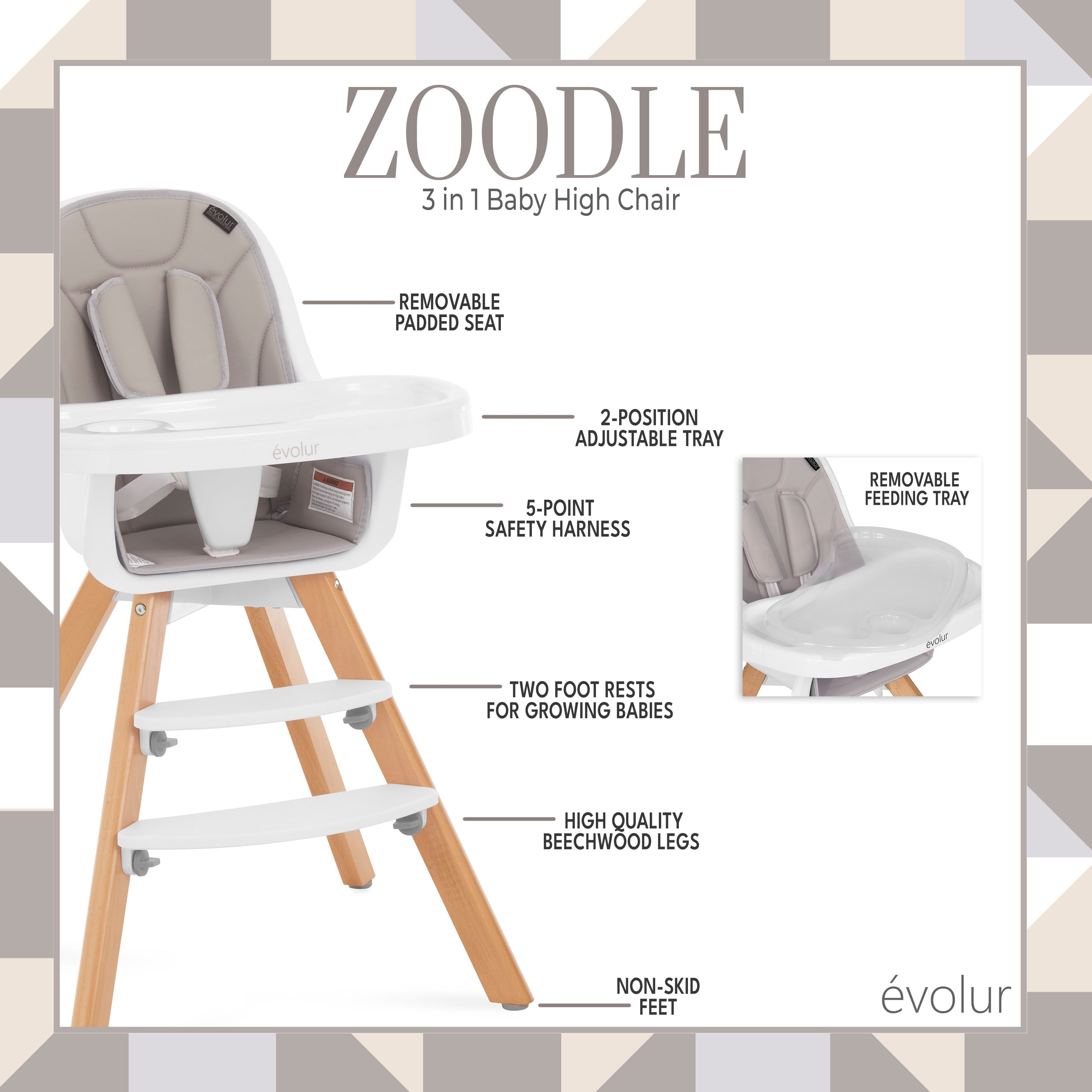 Evolur Zoodle High Chair - Light Grey