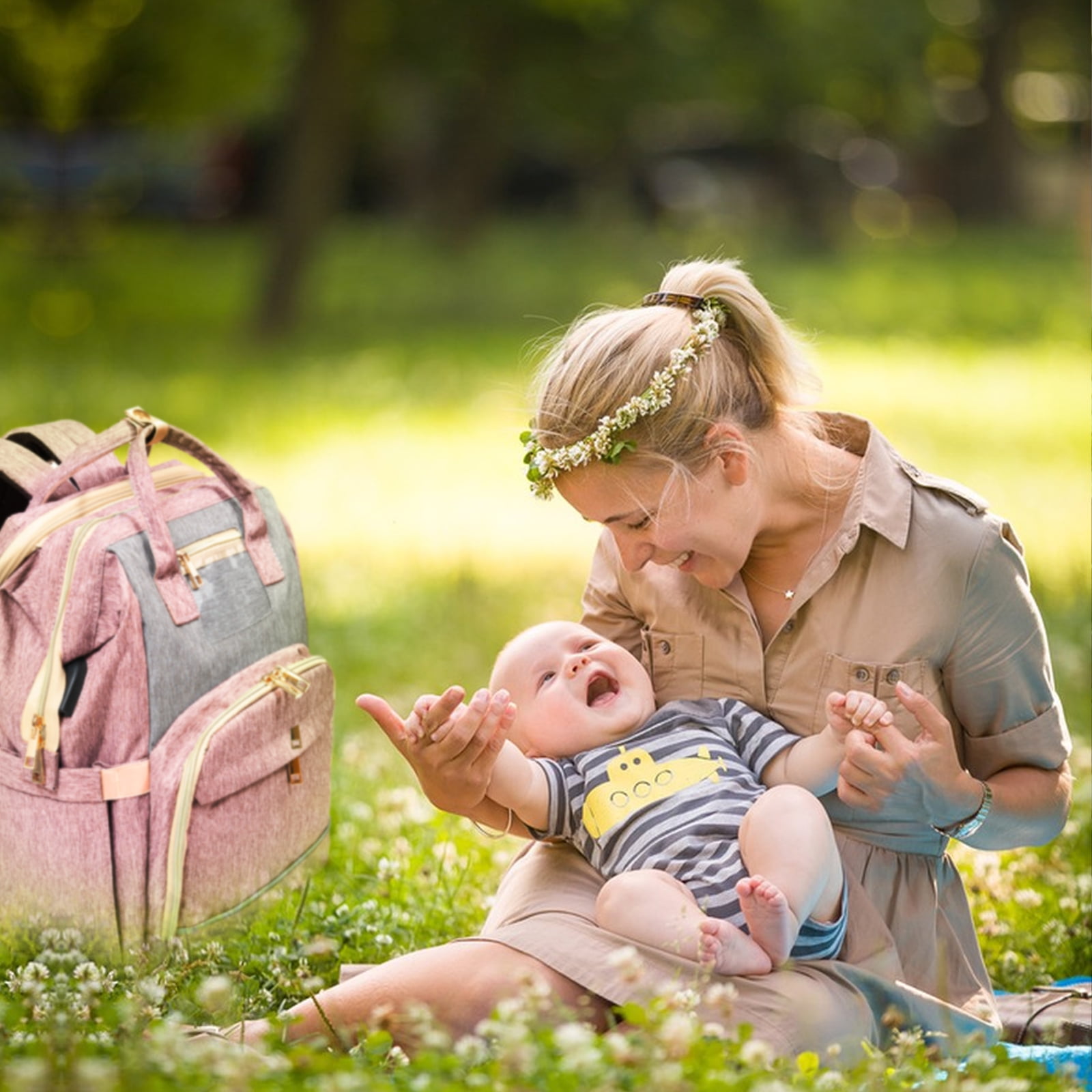 Pink Diaper Bag Backpack with Changing Station and USB