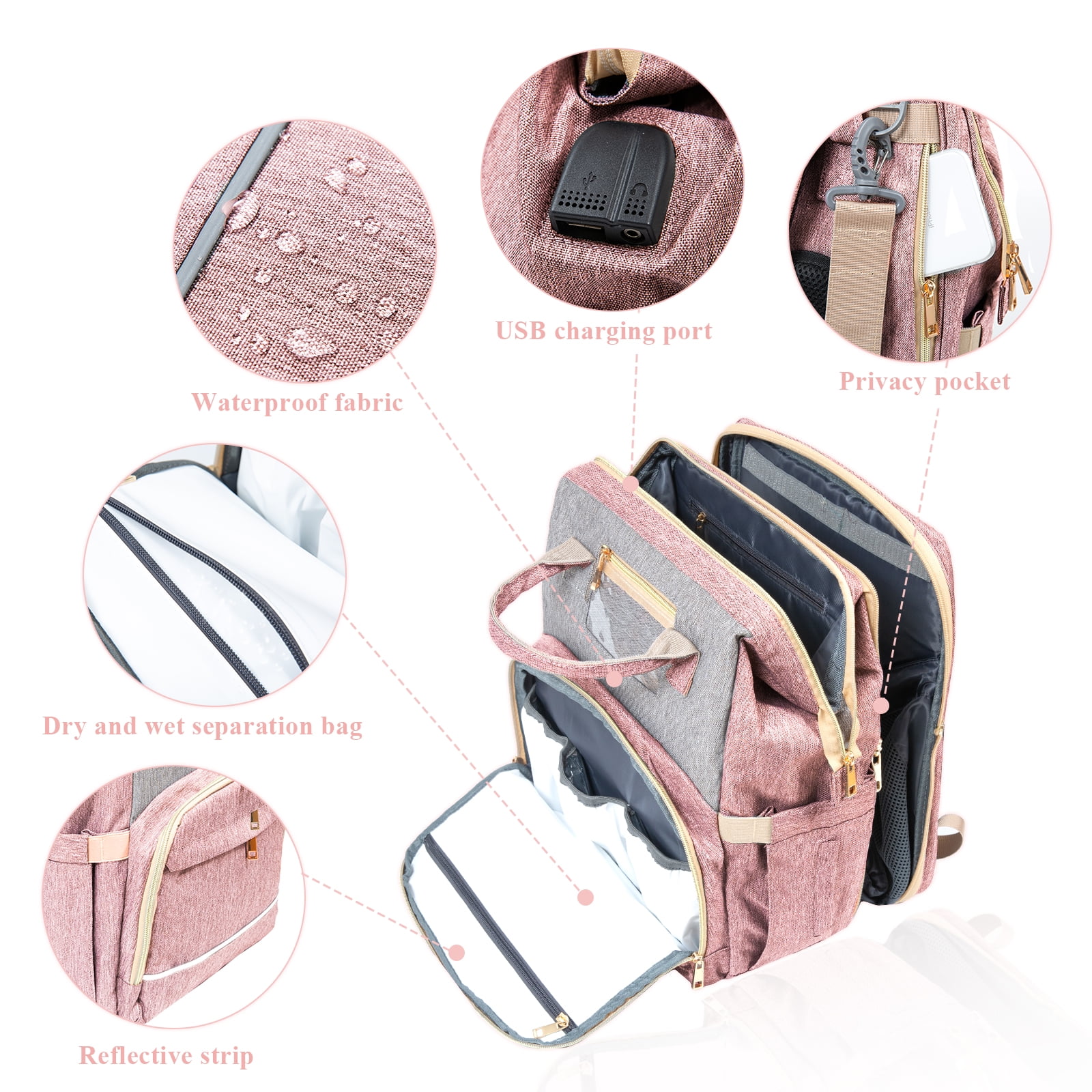 Pink Diaper Bag Backpack with Changing Station and USB
