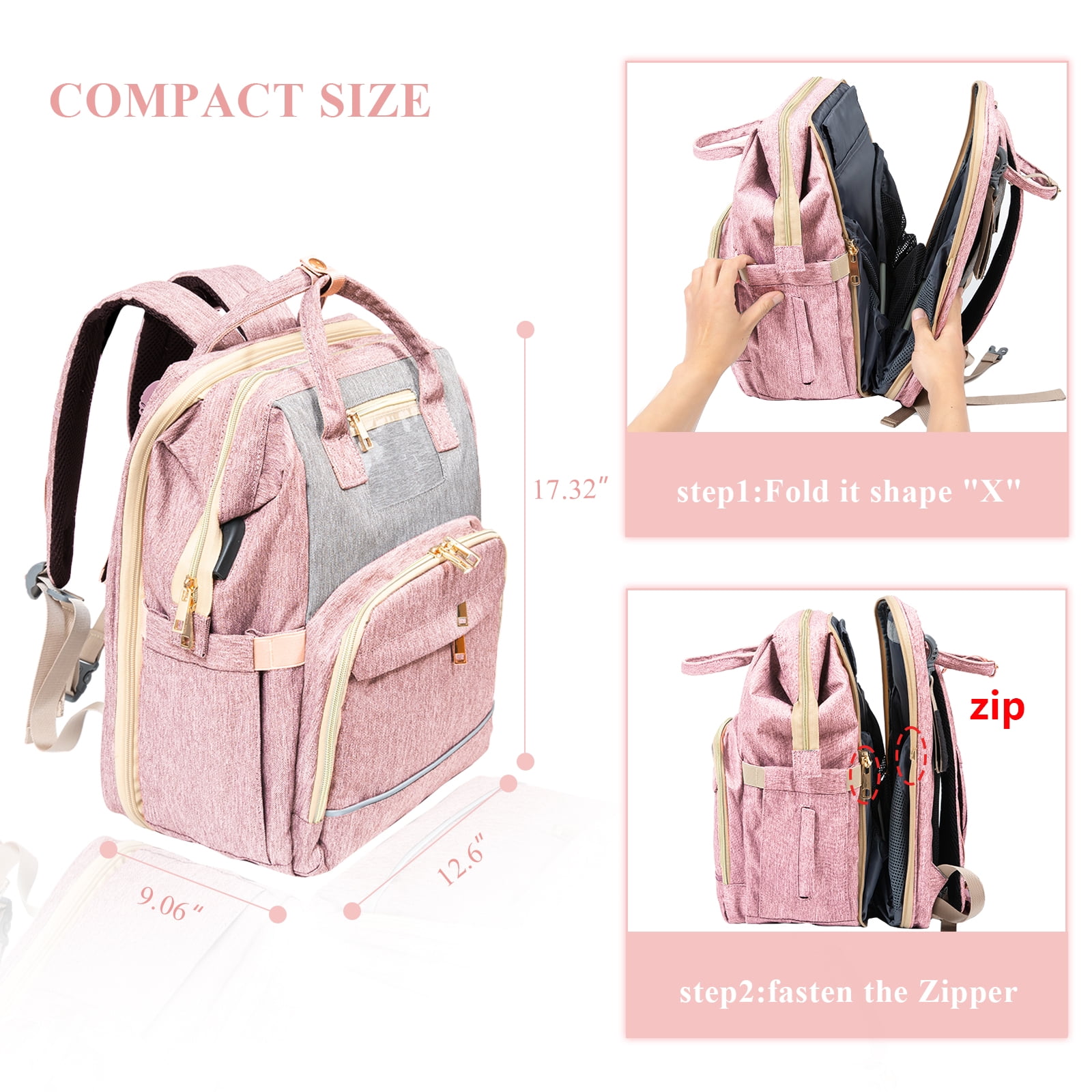 Pink Diaper Bag Backpack with Changing Station and USB