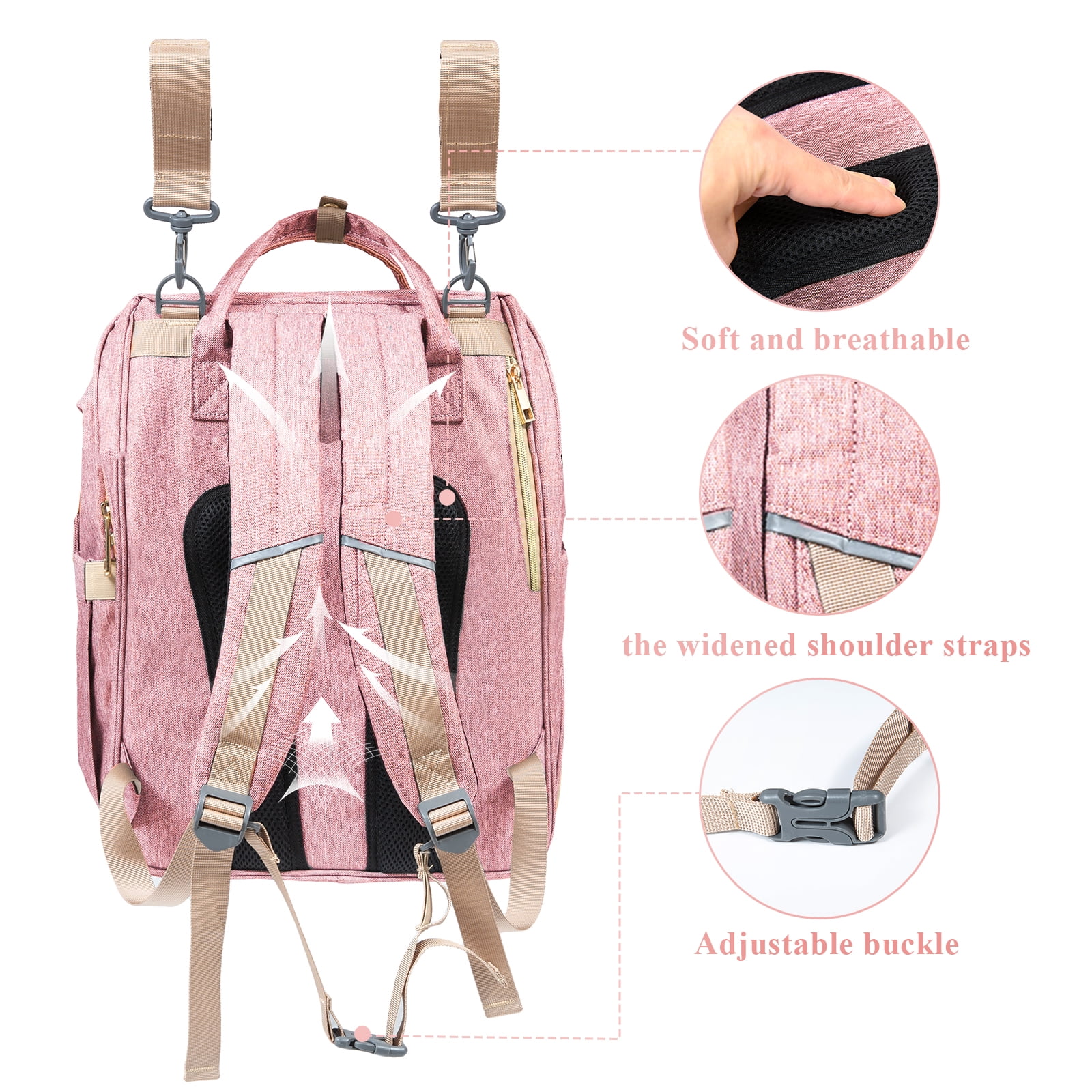 Pink Diaper Bag Backpack with Changing Station and USB