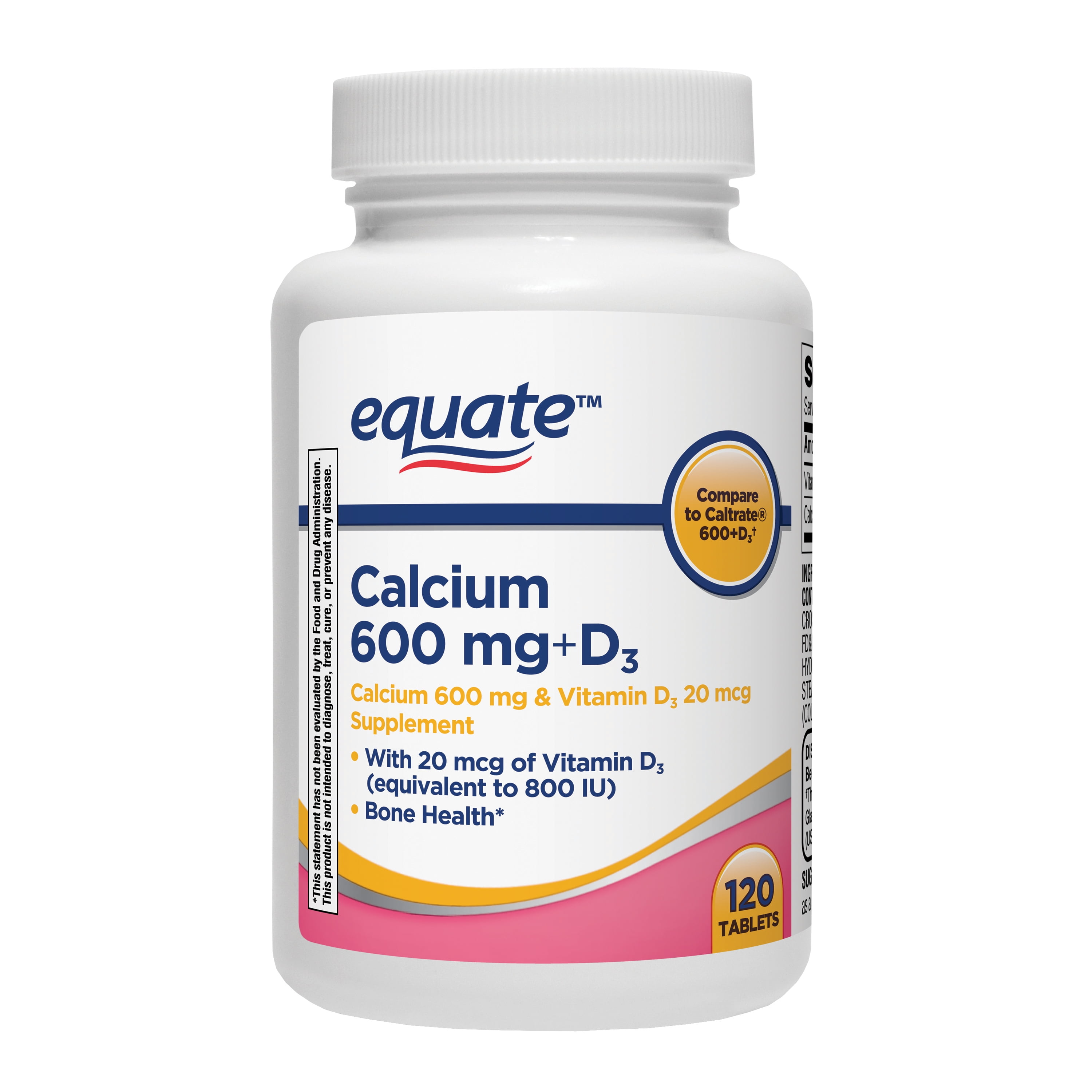 Equate Calcium + D3 Tablets Dietary Supplement, 600 mg, 120 Count