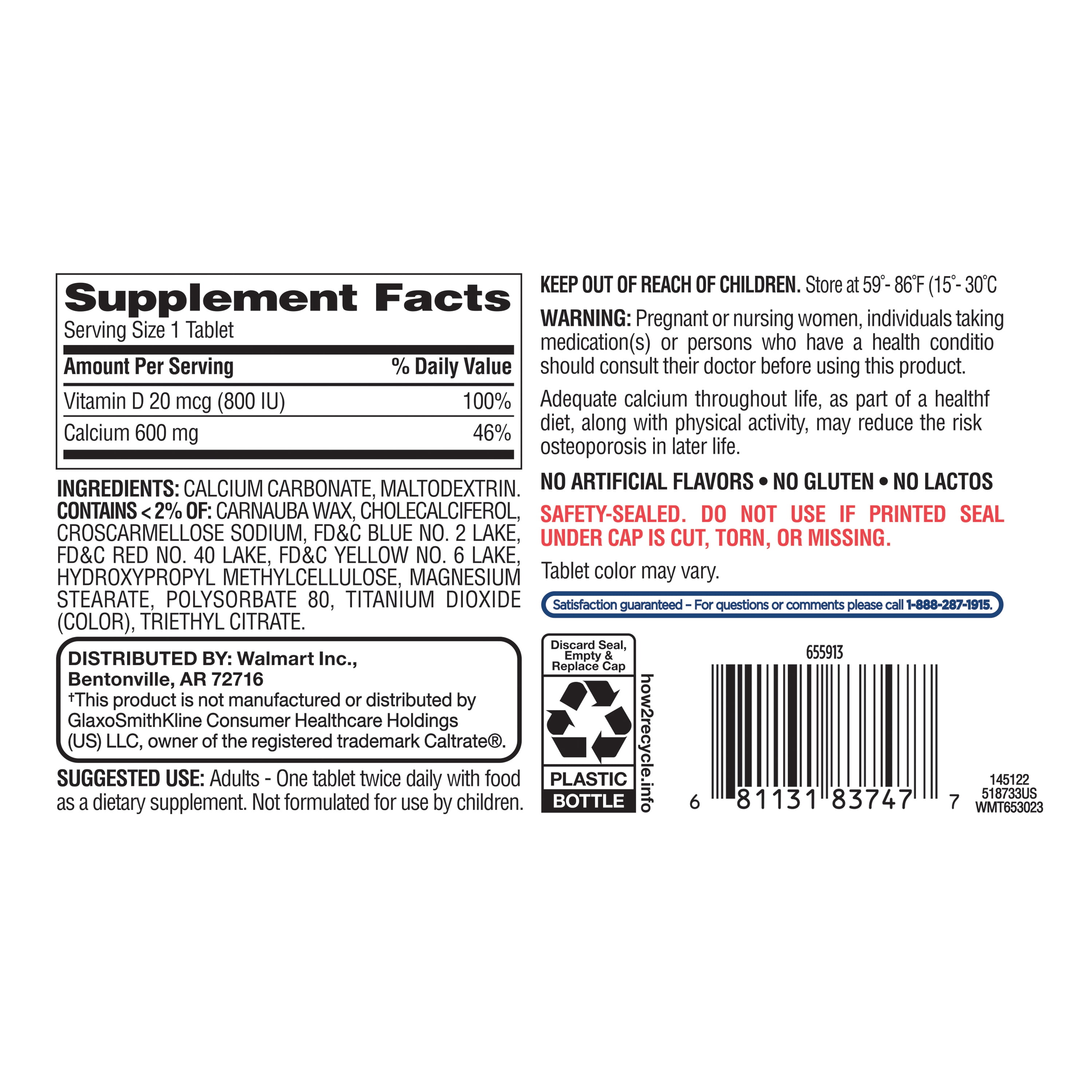 Equate Calcium + D3 Tablets Dietary Supplement, 600 mg, 120 Count