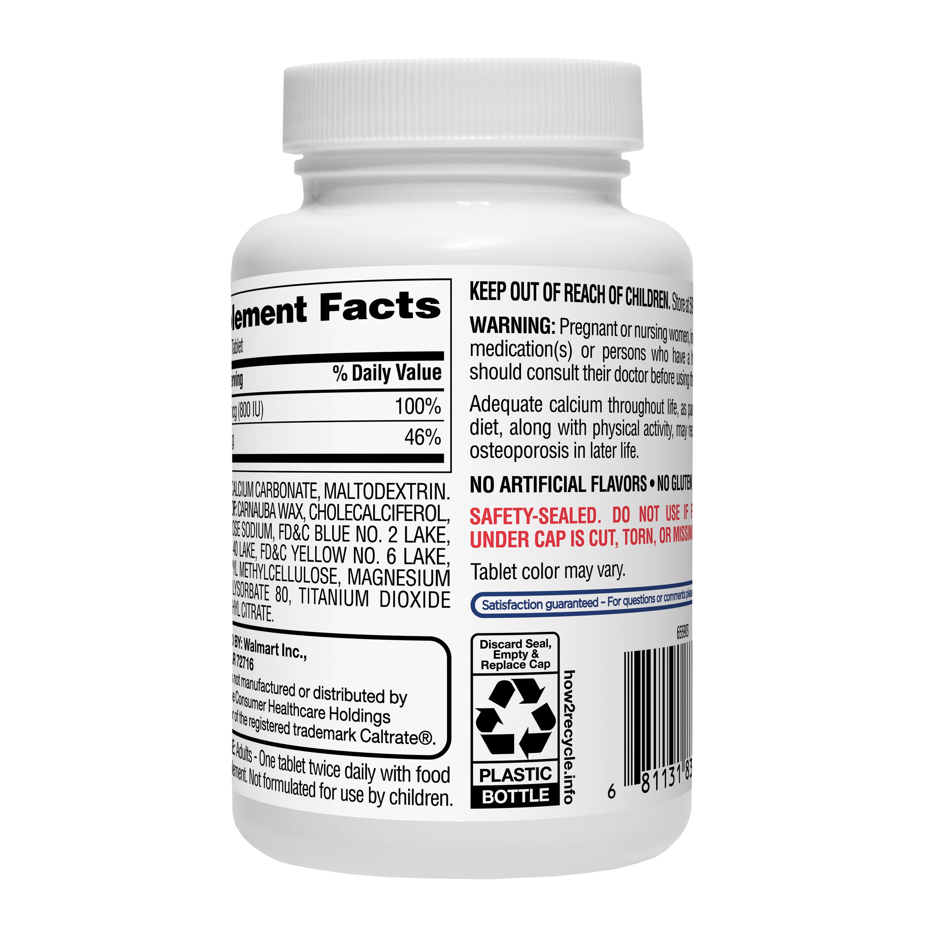 Equate Calcium + D3 Tablets Dietary Supplement, 600 mg, 120 Count