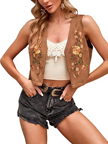 Retro Cowgirl Vest: Floral Embroidery, Brown, Size L