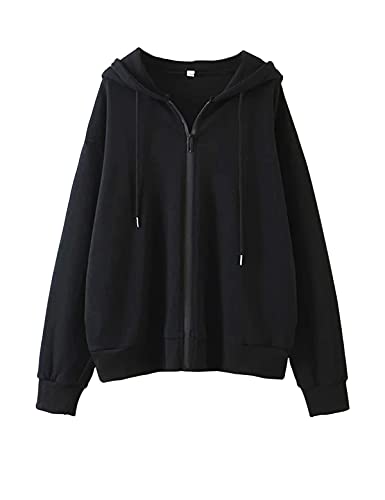 Black Vintage Hoodie with Drawstring and Zipper
