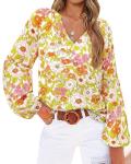 Boho Floral Blouse: V-Neck, Long Puff Sleeves