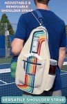 STEEL MILL AND CO. Pickleball Bags for Ladies and Men, Unisex Pickleball Bag Holds 4 Pickleball Paddles, Adjustable Sling Bag with Fence Hook and Water Bottle Holder, Retro Stripe
