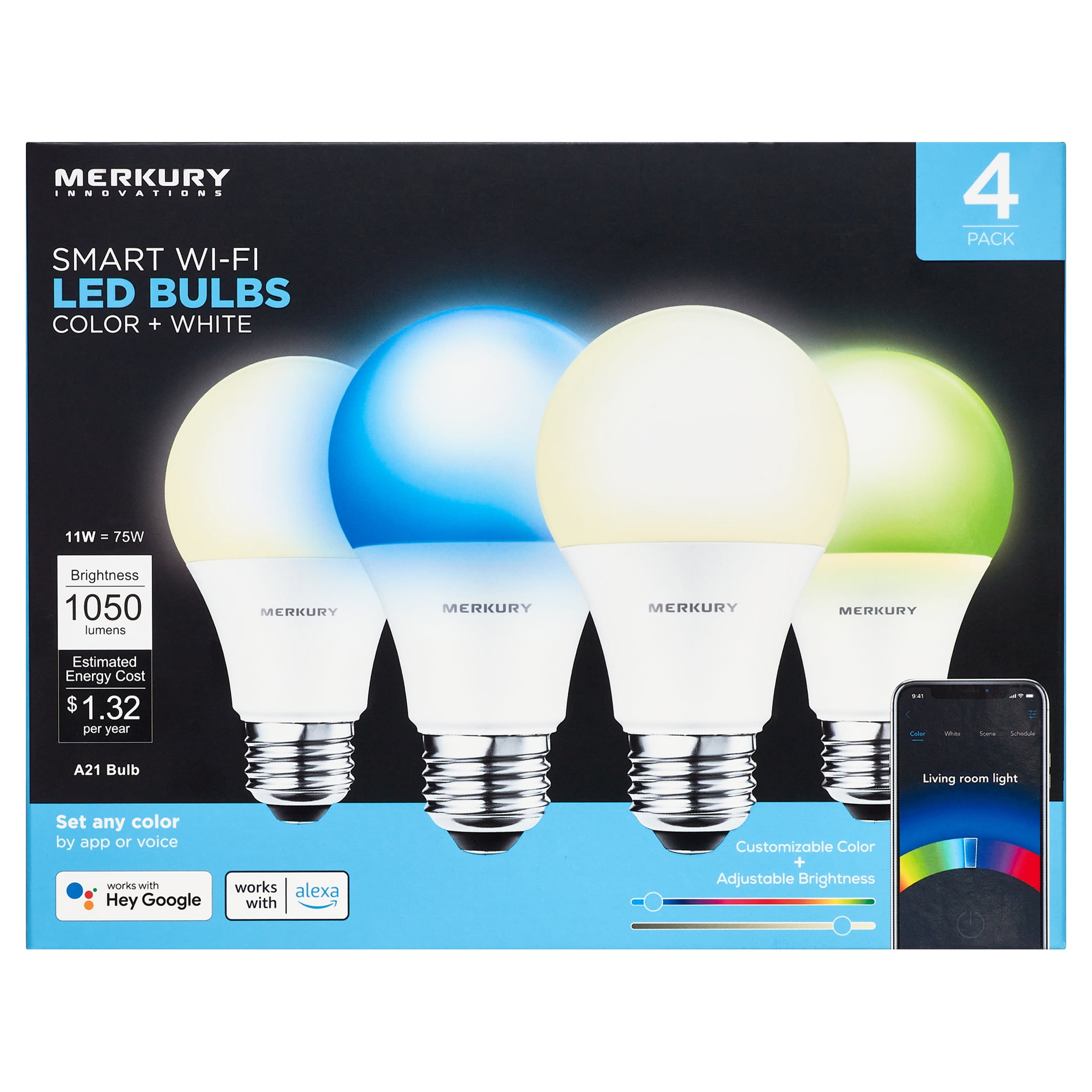 4-Pack Merkury Smart Wi-Fi Color Bulbs