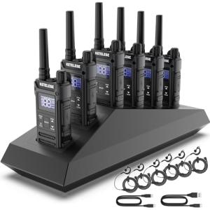 KETELESE T3G Heavy Duty Walkie Talkies, IP67 Waterproof Two Way Radio with Earpiece, Triple Proof, Three Charging Options, USB, NOAA, Emergency GMRS 2 Way radios(6 Pack), Black/Grey