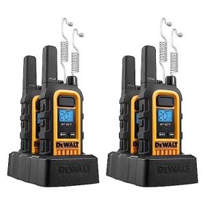 DEWALT FRS Walkie Talkies Long Range 2 Way Radio, 1 Watt, Waterproof & Rechargeable, 4 Pack with 4 Headsets, 2DXFRS300-SV1