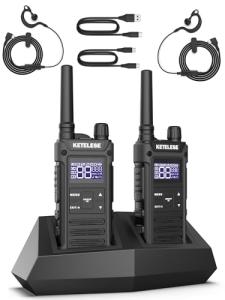 KETELESE T3G IP67 Waterproof Walkie Talkies for Adults, Heavy Duty 2 Way Radios with Earpiece, Three Charging Options, GMRS Radio, USB, NOAA, VOX(2 Pack), Black/Grey