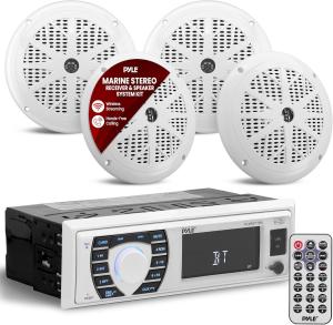 Pyle Marine Radio Receiver Speaker Set 12v Single Din Style Bluetooth Compatible Waterproof Digital Boat In Dash Console System with Mic 4 Speakers, Remote Control, Wiring Harness PLMRKT38W (White)