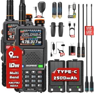 BAOFENG 5RH PRO Ham Radio Handheld, 10W Baofeng Radio with GPS APRS,640 Channels, NOAA Weather Walkie Talkies VHF/1.25M/UHF Aviation Police Band Scanner USB-C Rechargeable Battery Two Way Radio -2Pack